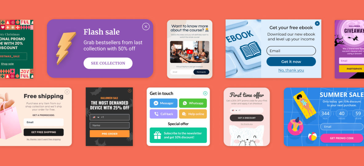 Various pop-up advertisements on an orange background, showcasing different promotional offers.