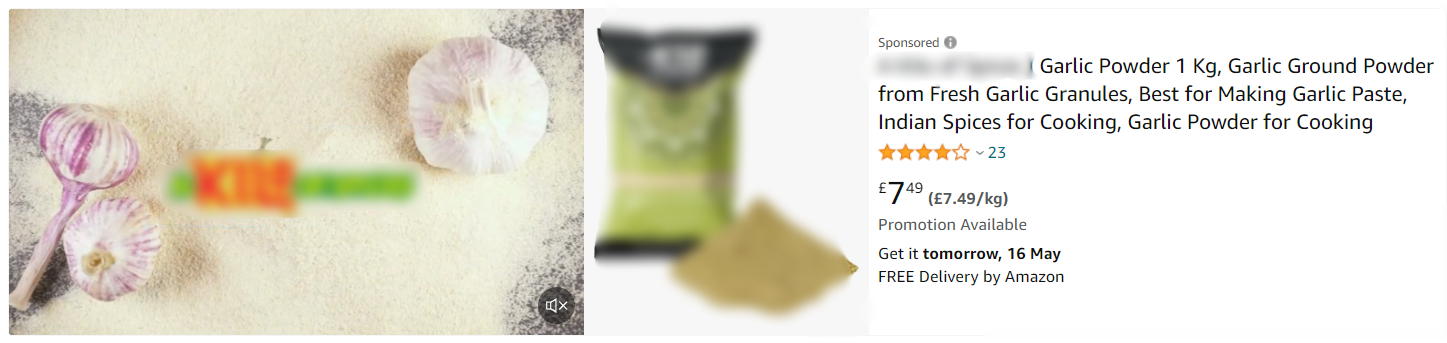 A product image of garlic powder showing fresh garlic bulbs, a package of the spice, and a pile of the powder.