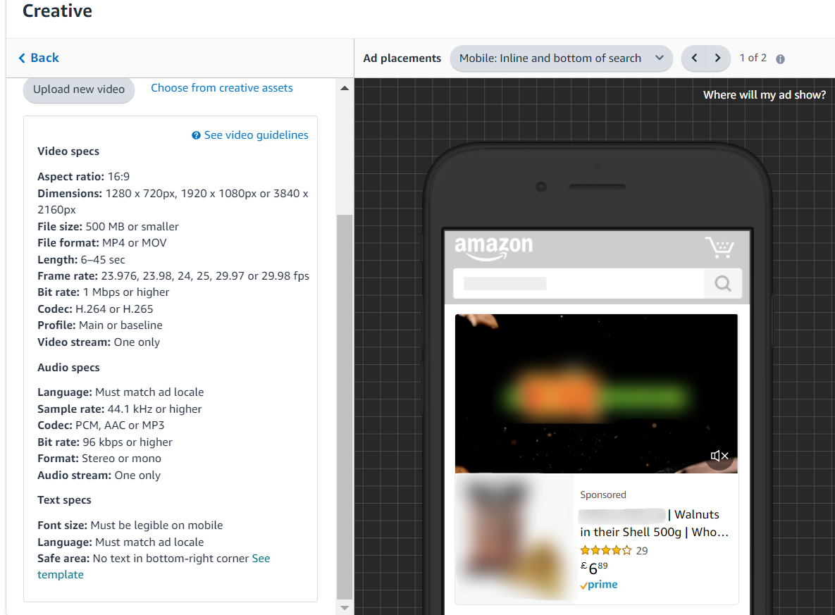 A dashboard interface showing a creative ad asset displayed on a smartphone screen mockup within a web browser.
