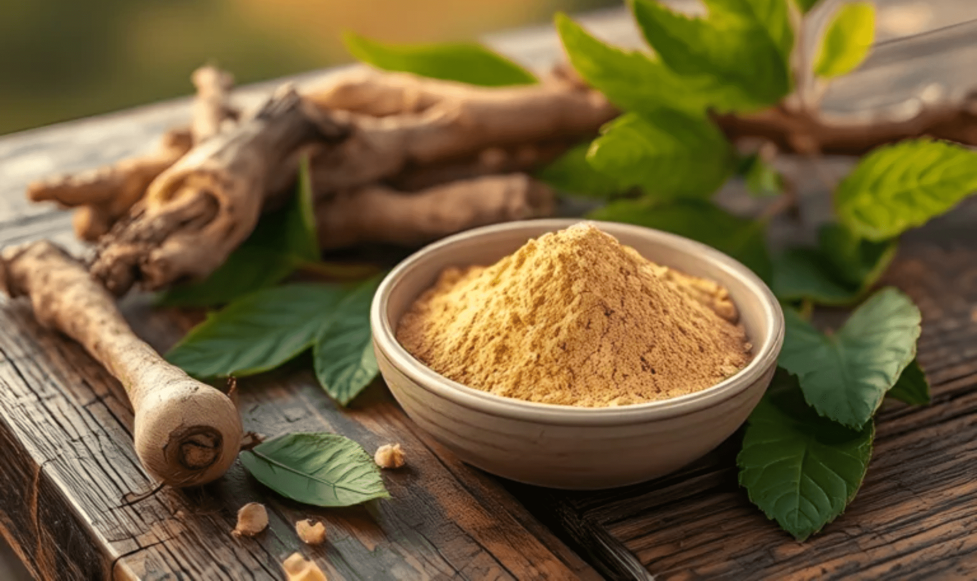 Bowl of ashwagandha powder with roots and leaves on wood.