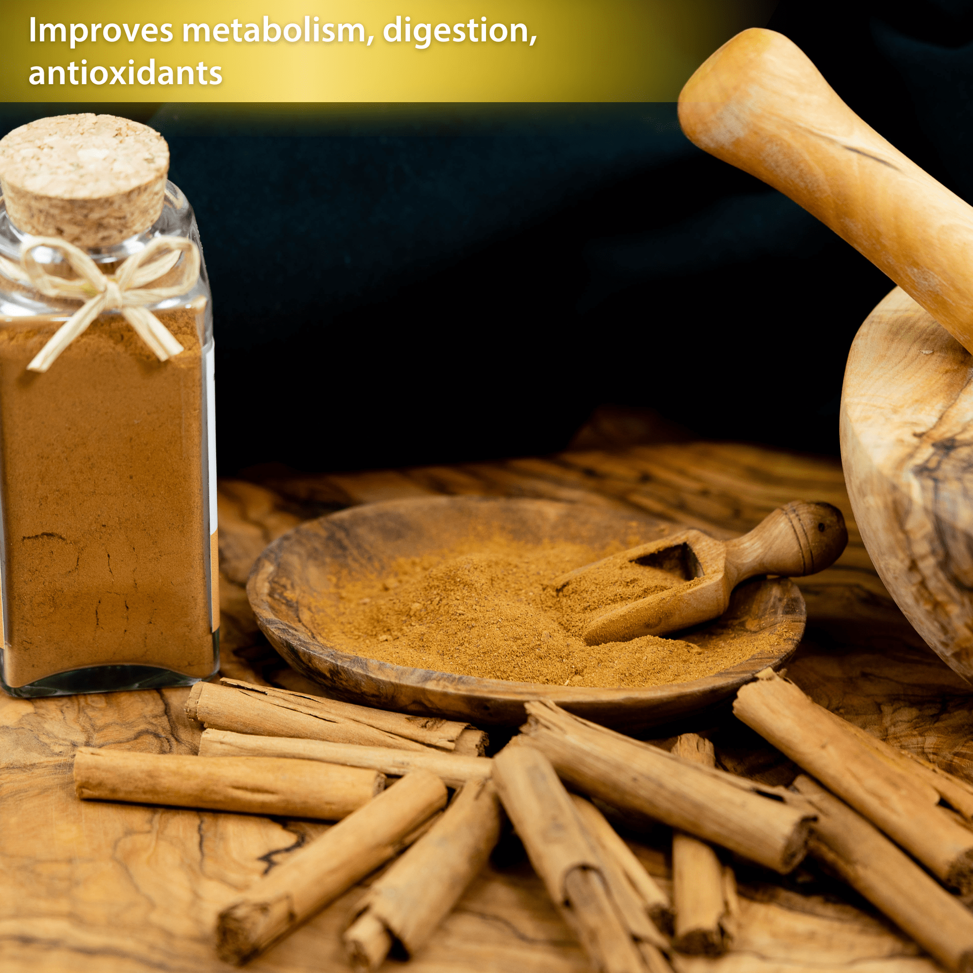 Cinnamon sticks and powdered spice with a jar, captioned as improving metabolism and digestion.