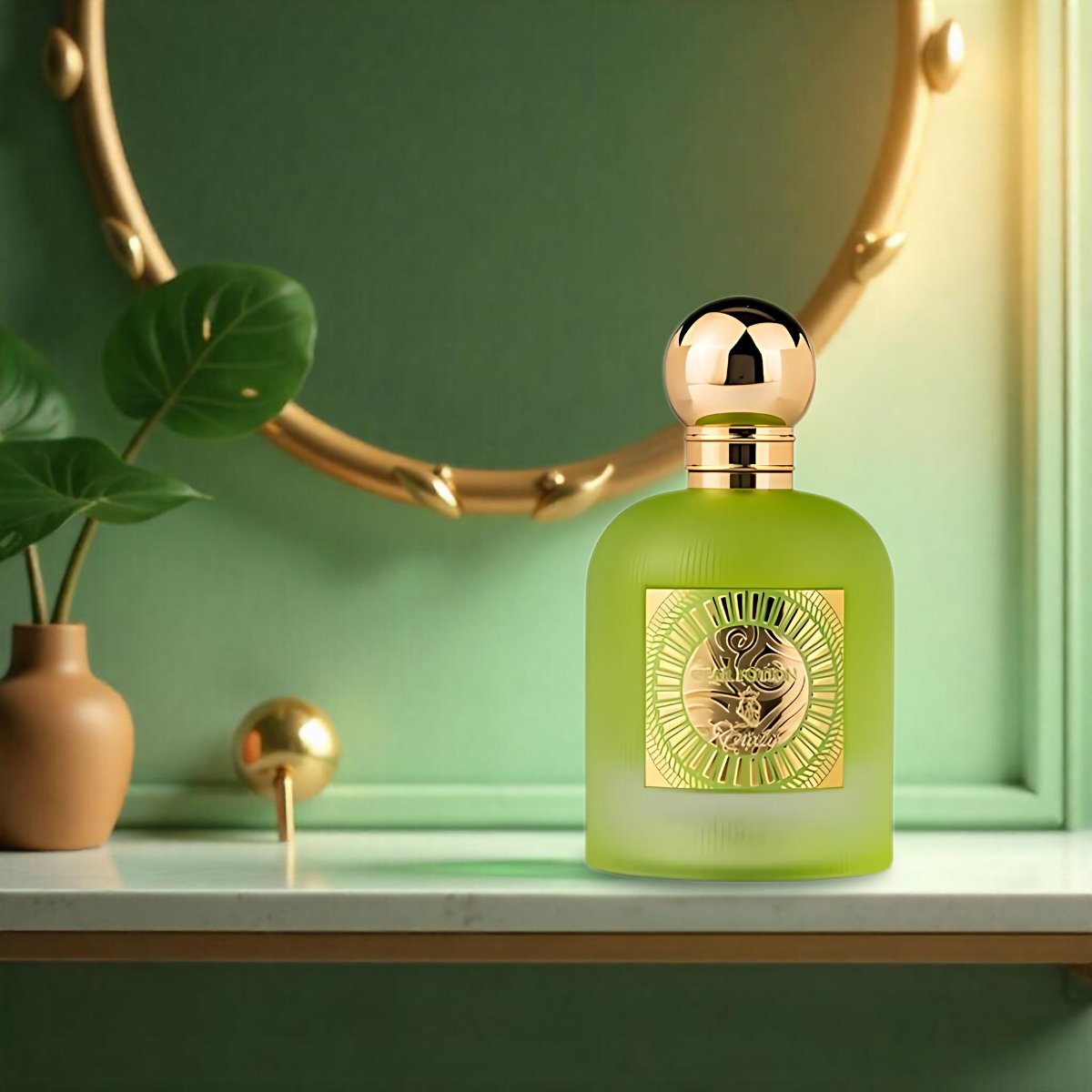 Green perfume bottle on a shelf with a mirror and plants, golden accents.