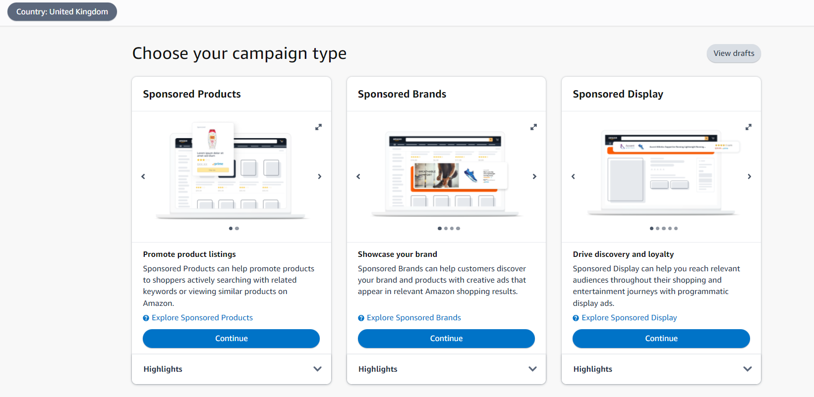 Amazon Advertising campaign selection screen: choose between Sponsored Products, Sponsored Brands, or Sponsored Display.