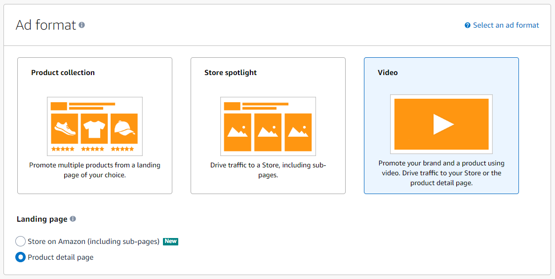 Ad creative setup options: Product collection, Store spotlight, or Video, with a landing page selection field.