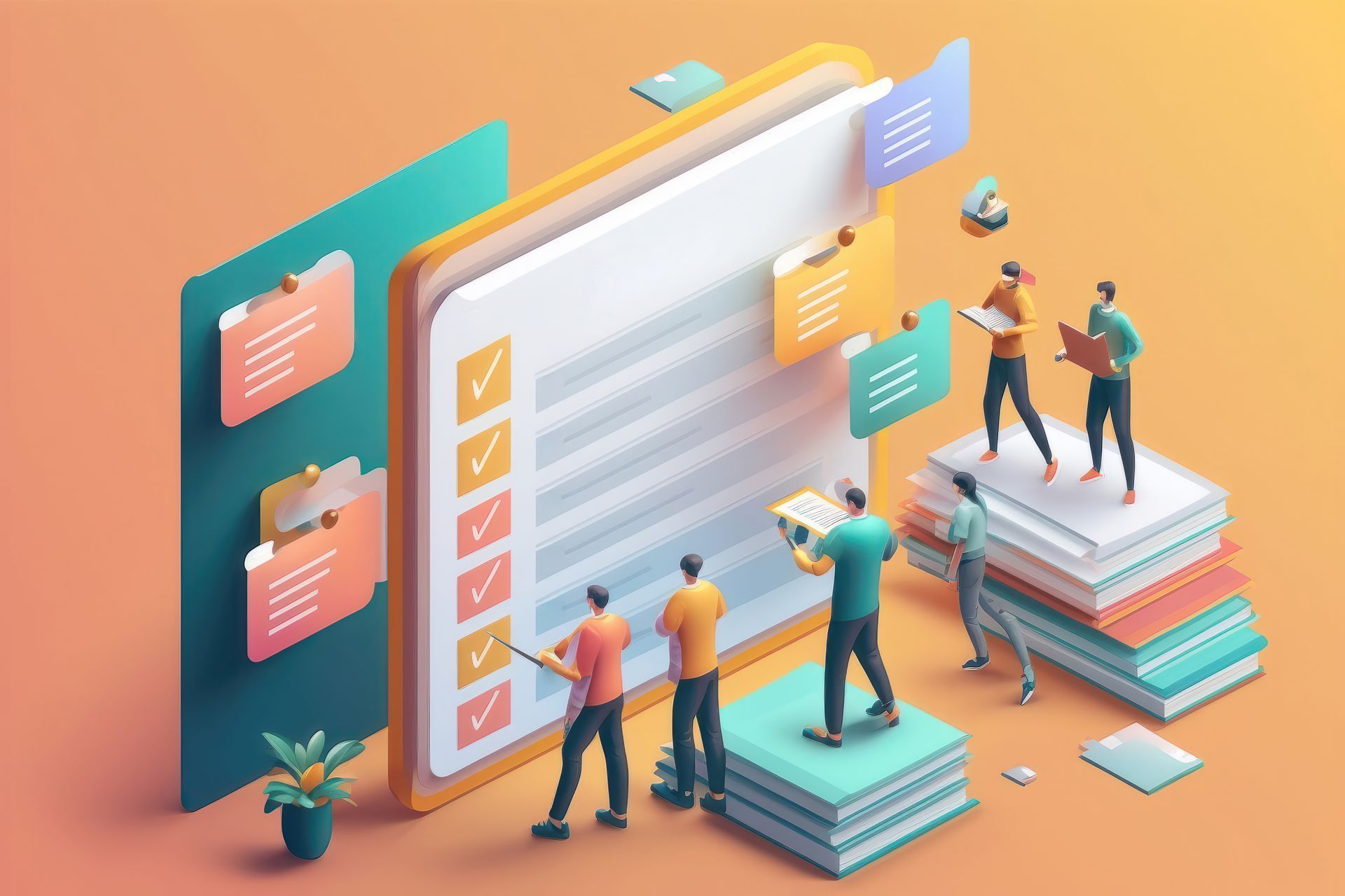 Tiny figures manage project tasks on a digital checklist, organized by floating documents and stacks of papers.