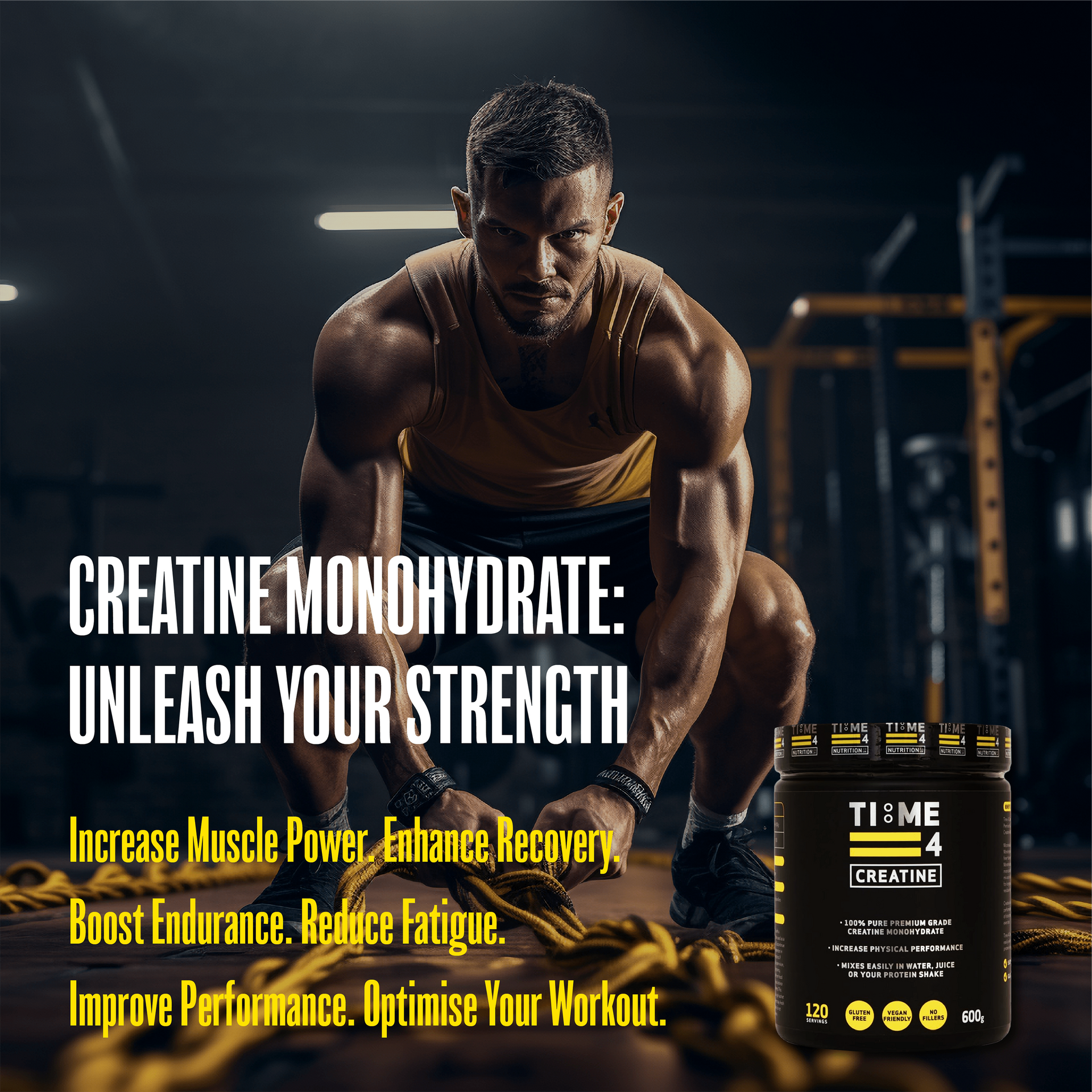 An athlete training with battle ropes in a gym next to a container of Time 4 Creatine Monohydrate.