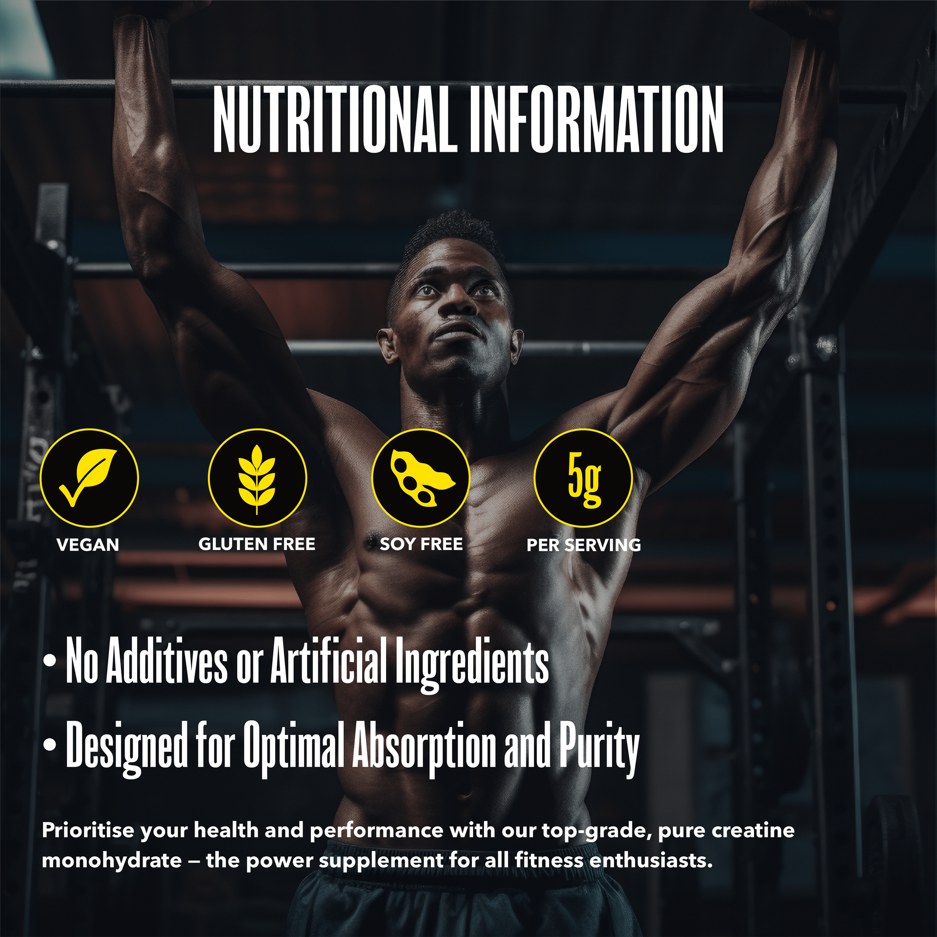 A muscular person lifting weights in a gym, overlaid with text promoting creatine monohydrate and its nutritional benefits.