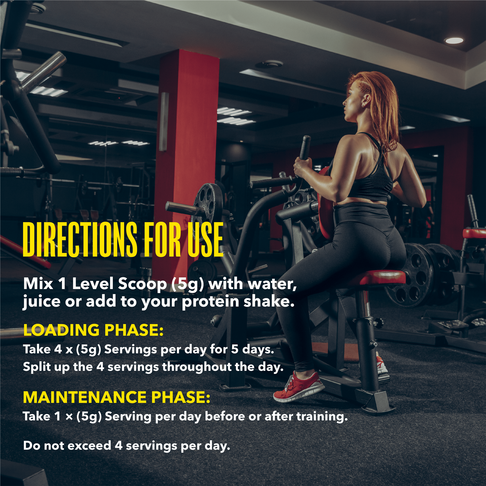 Text overlay on an image of a person training in a gym, explaining directions for using a creatine supplement.