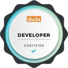 Duda Developer certified badge with teal and gray seal and orange Duda logo