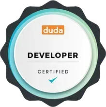 Duda Certified Developer badge with a teal and orange circular design on a dark scalloped background.