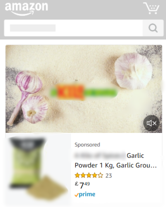 An Amazon product listing for 1kg of garlic powder, featuring a visual of fresh garlic cloves on a bed of garlic powder.