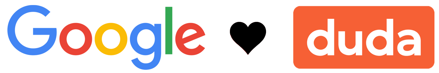 Google heart logo with “duda” in white text on an orange rounded rectangle