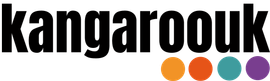 Kangarook logo in black with four colored dots: orange, coral, teal, and purple