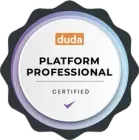Duda Platform Professional Certified badge in purple, black, and white with a checkmark