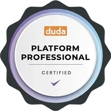 Duda Platform Professional certification badge featuring a white center, orange logo, and dark scalloped border.
