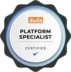 Duda Platform Specialist certification badge with a white center, blue circular border, and a checkmark.