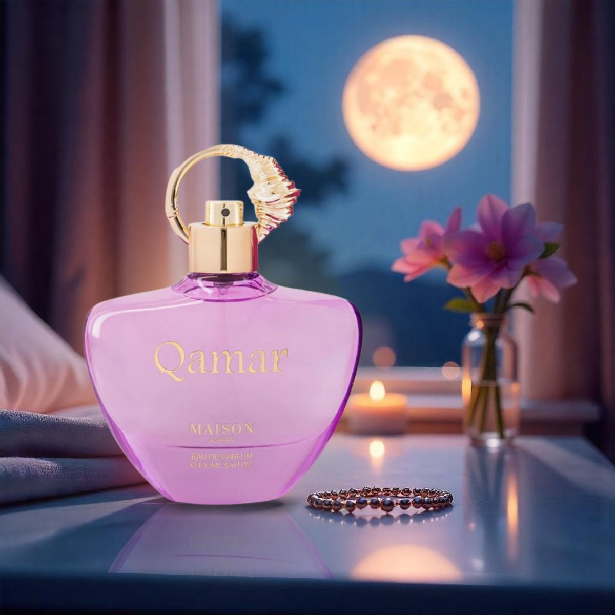 A pink perfume bottle with