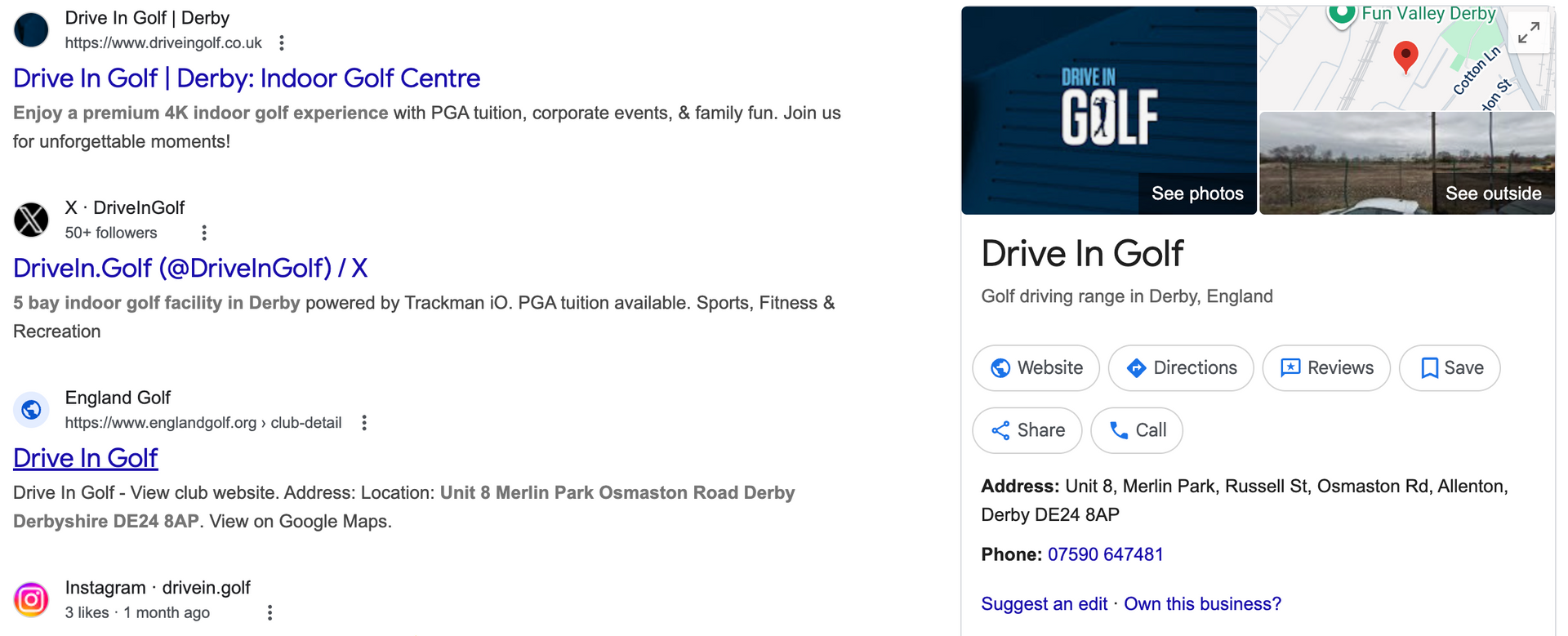 Drive In Golf social media posts and Google Maps listing, advertising driving range and golf facilities.