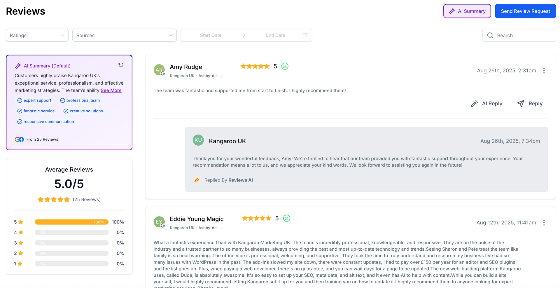 Reviews page with a list of reviews, with the most recent at the top, and filtering options on the left.