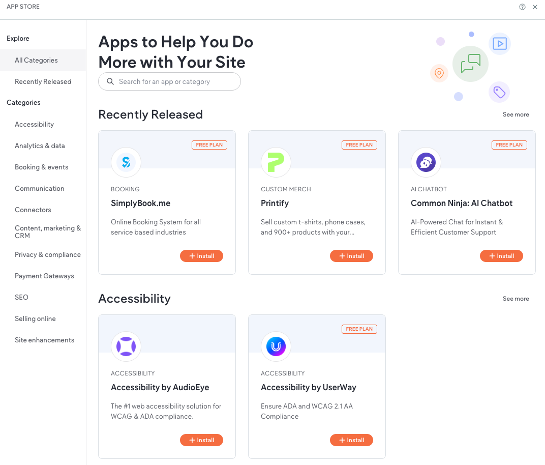 Website dashboard showing app cards under “Recently Released” and “Accessibility,” with a left navigation sidebar