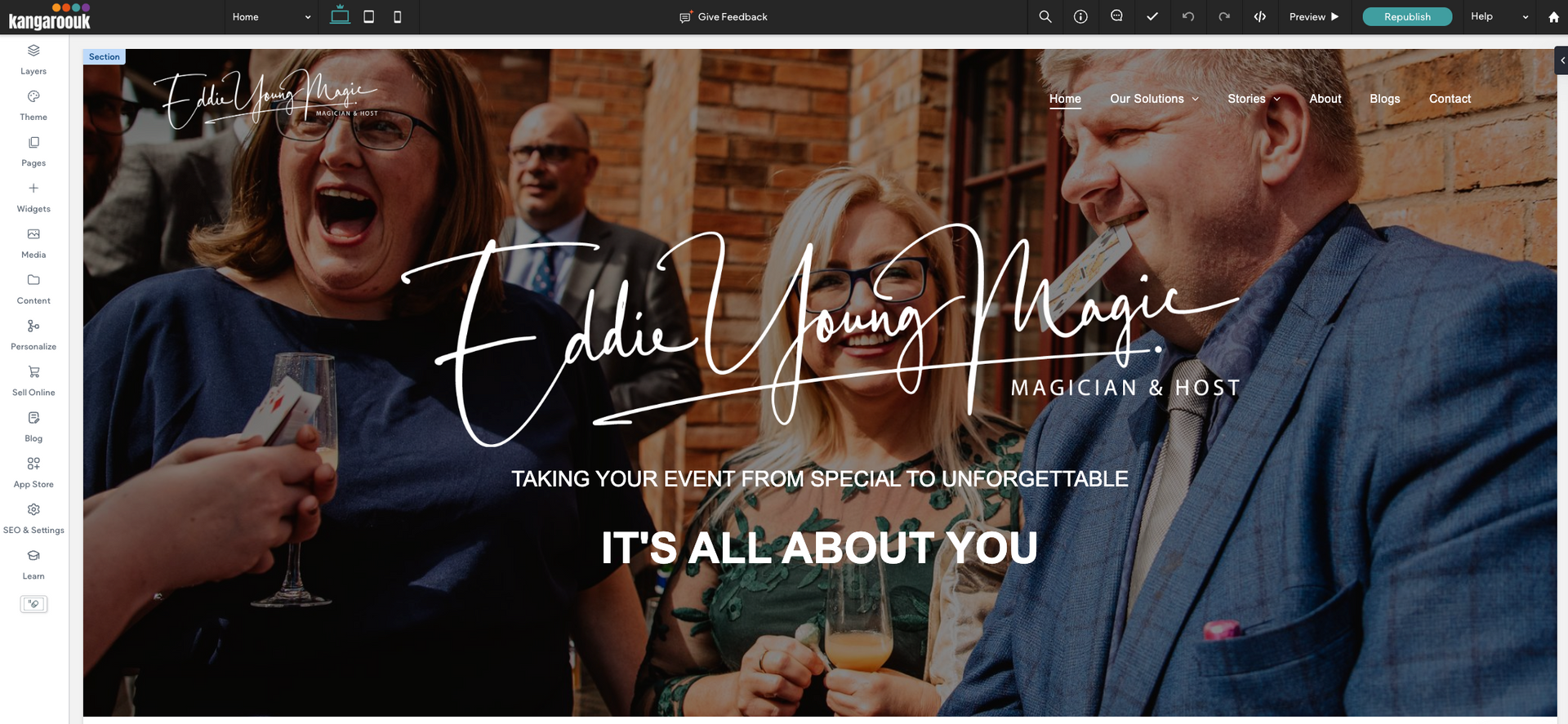 Website hero image featuring laughing people, Eddie Young Magic logo, tagline: