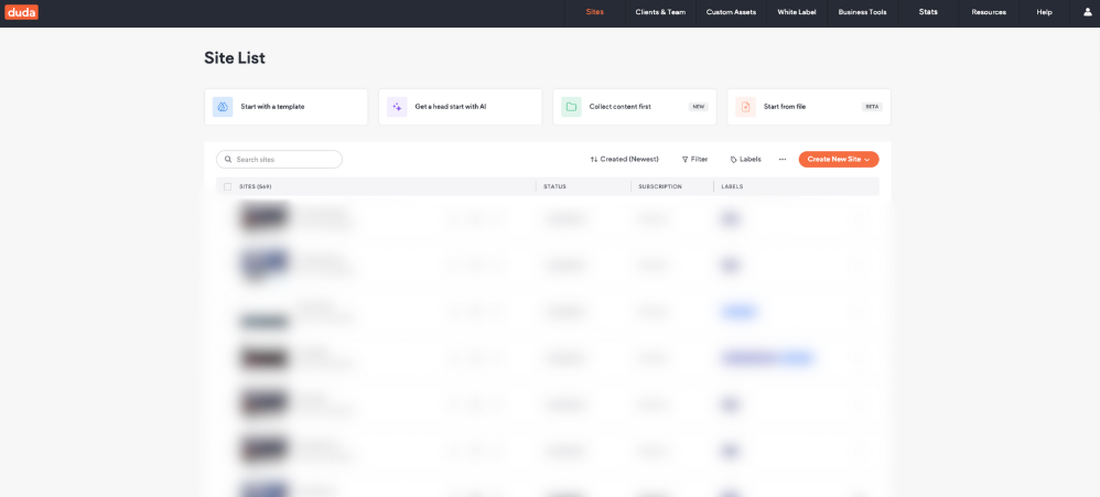 Blurred dashboard screen showing a data table with rows, columns, and action buttons