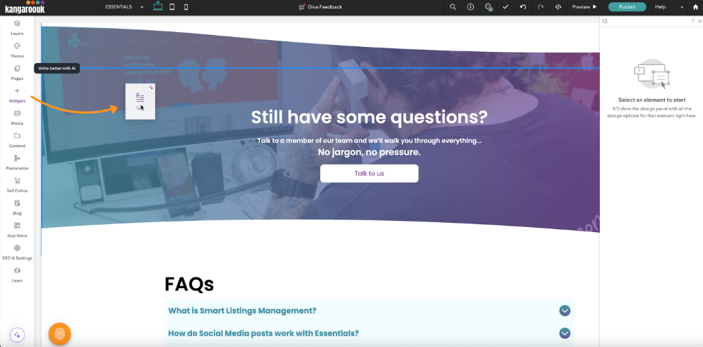 FAQ/help webpage with purple banner, search bar, and a list of questions below