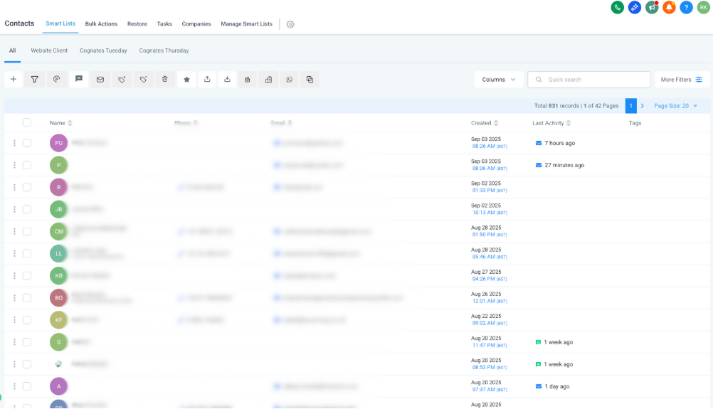 A CRM contact list table displaying names, emails, creation dates, and status labels with navigation and filter tools.