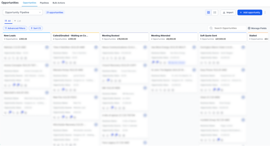 CRM kanban board displaying an opportunity pipeline with various deal stages, values, and status icons.