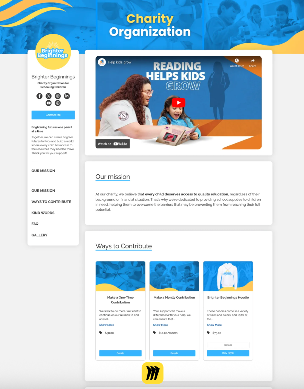 Charity website, featuring a woman reading to a child, a donation section, and a blue and yellow color scheme.