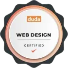 Duda web design certified badge with black, peach, and white circular seal