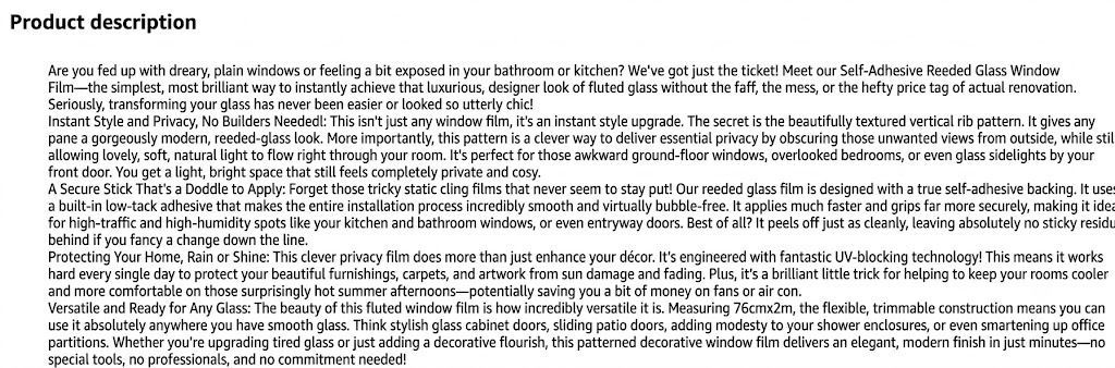 Blurry screenshot of a “Product description” page with dense paragraph text on a white background.
