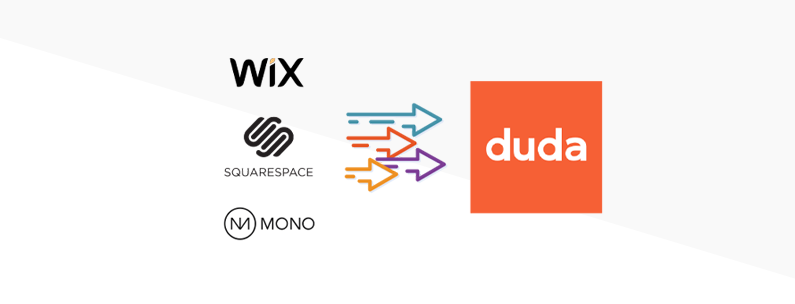 Logos of Wix, Squarespace, Mono, and Duda with arrows indicating a transfer.
