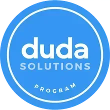 Blue circular badge with the white text 