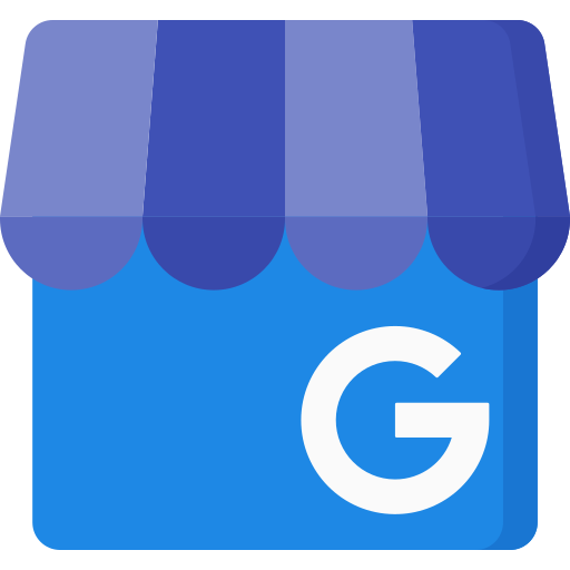 Google My Business storefront icon. Blue shop with white