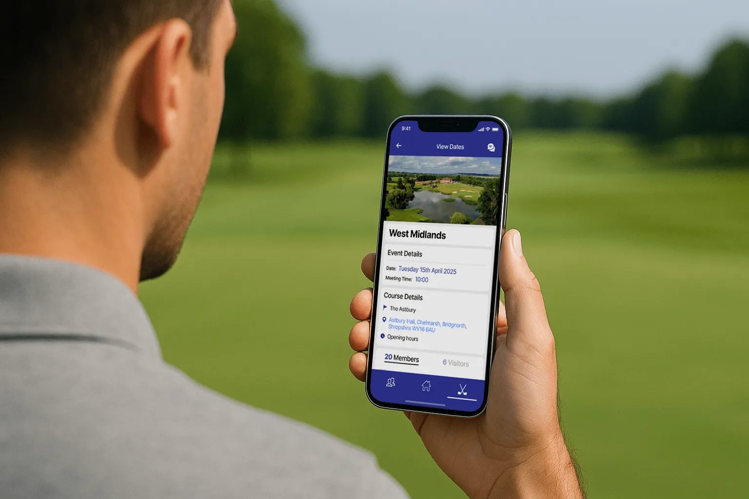 A person holds a smartphone displaying a golf course app, with a blurred golf course background.