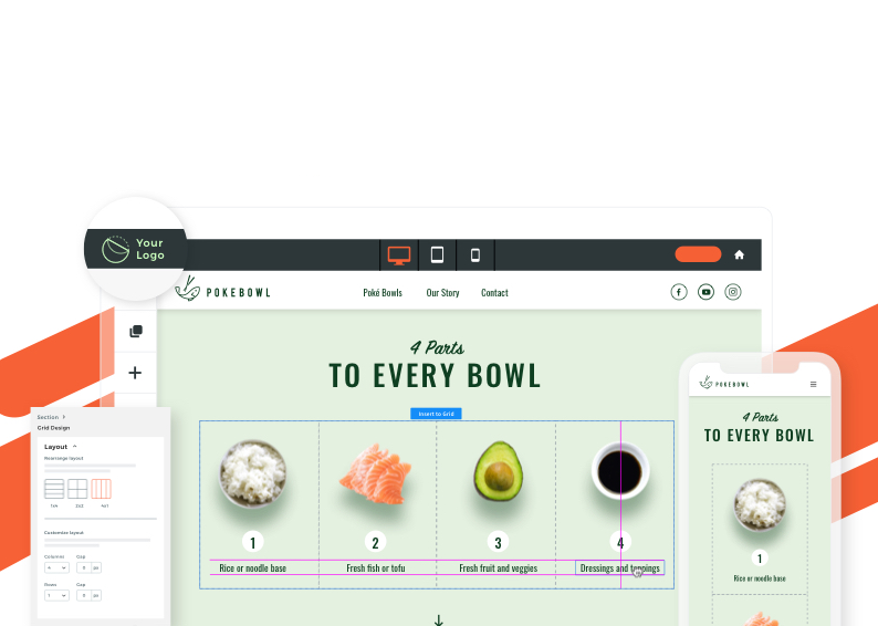 Website design interface, showing a pasta bowl website on desktop and phone, with editing tools.