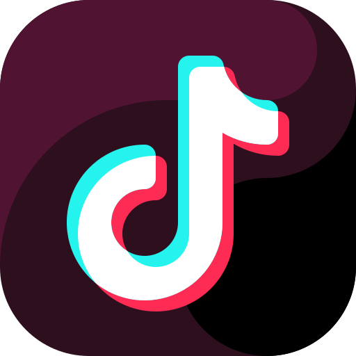 TikTok app icon: white musical note with red and cyan shadow on a dark purple and black background.