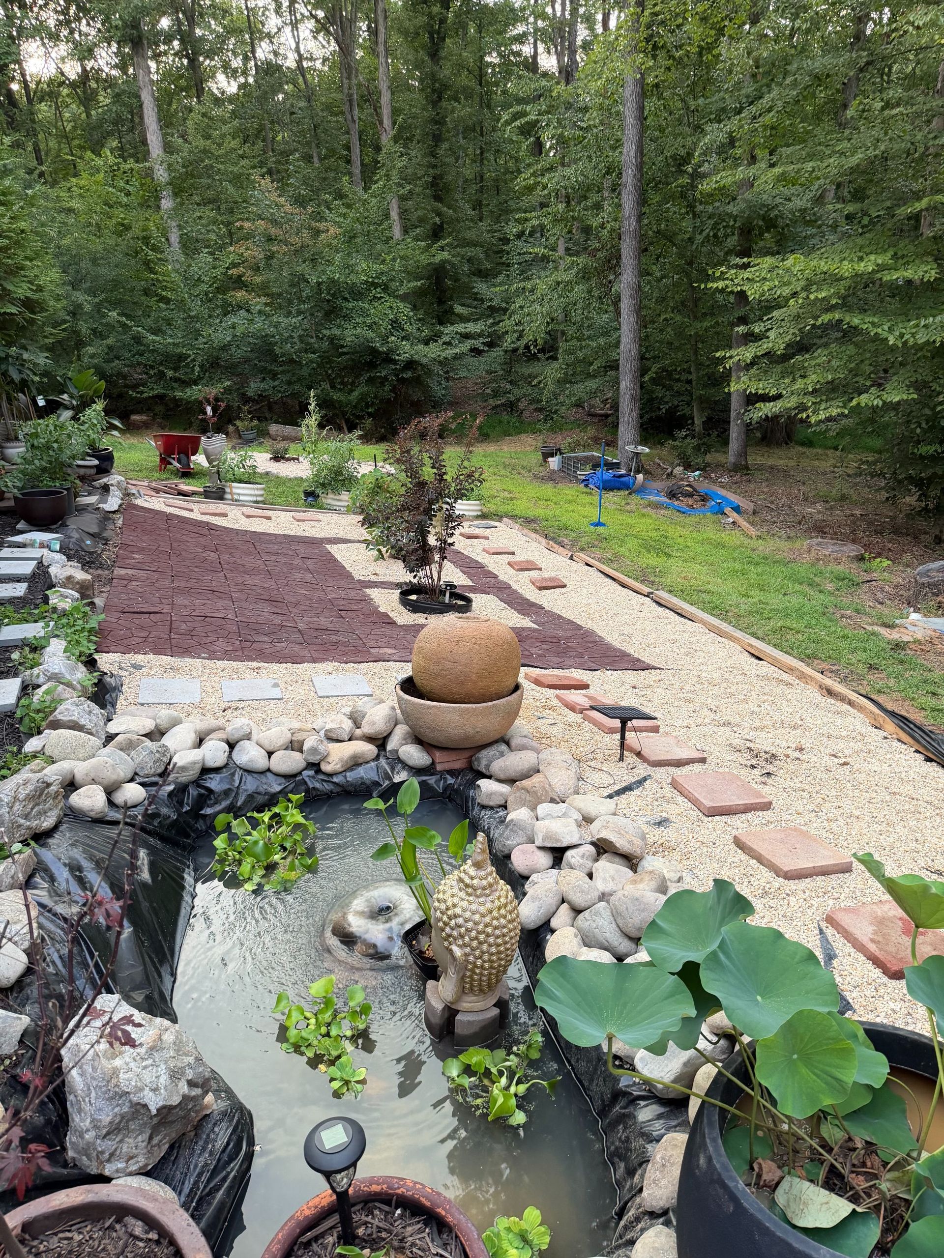 Garden pond with stone border, stepping path, and lush greenery in a wooded backyard