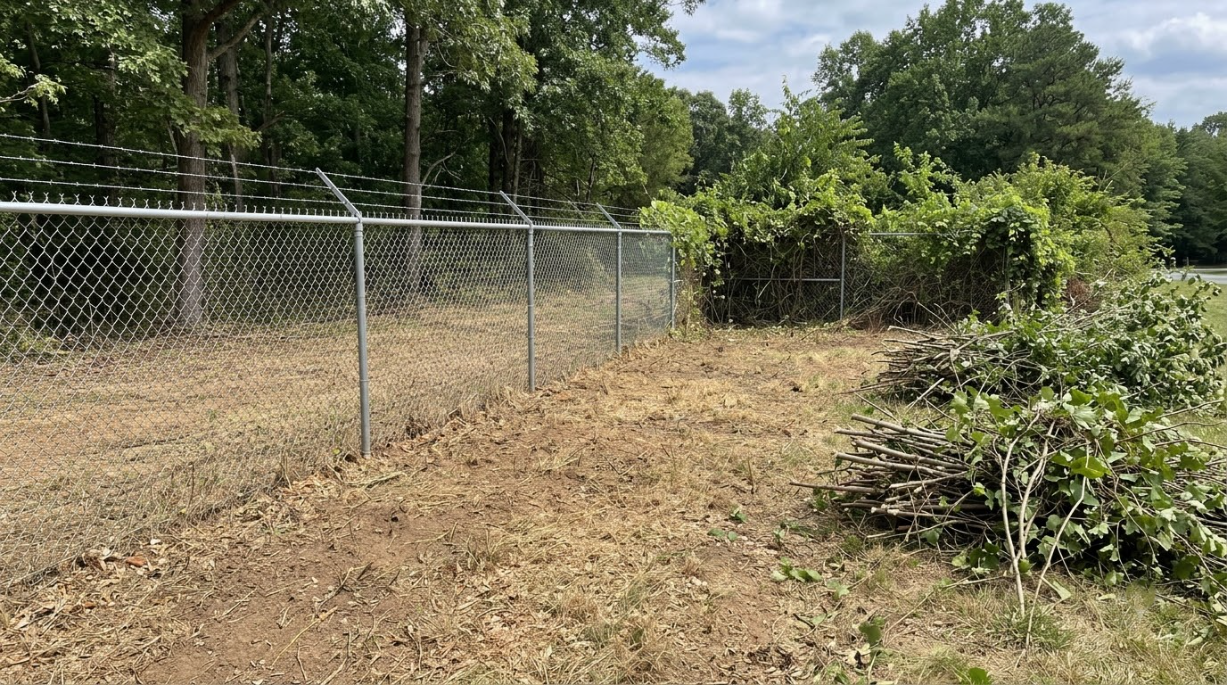 Chain-link fence along a dry, cleared yard with trees and shrubs in the background.