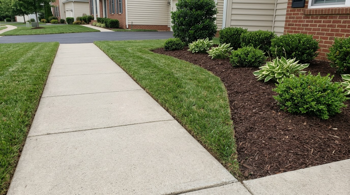 Concrete sidewalk beside a landscaped townhouse yard with grass and mulch beds near brick and siding homes