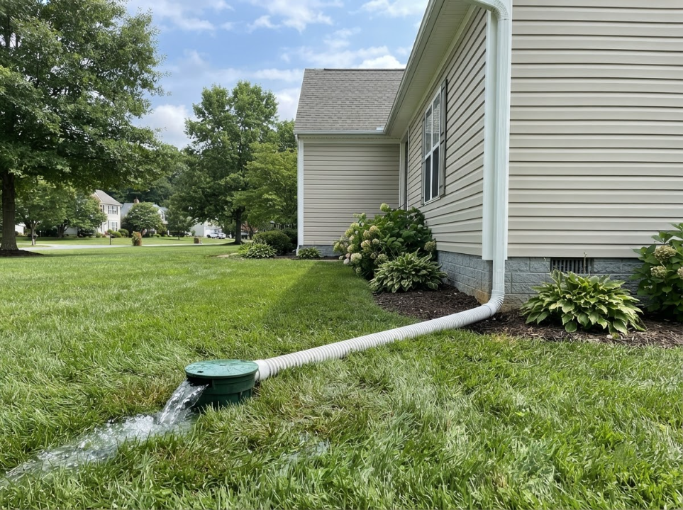 White downspout draining onto a lawn beside a beige house with shrubs and a green yard sprinkler.