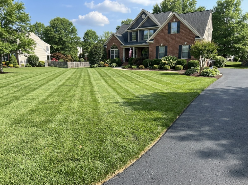 Brick suburban house with a manicured lawn and curved driveway on a sunny day