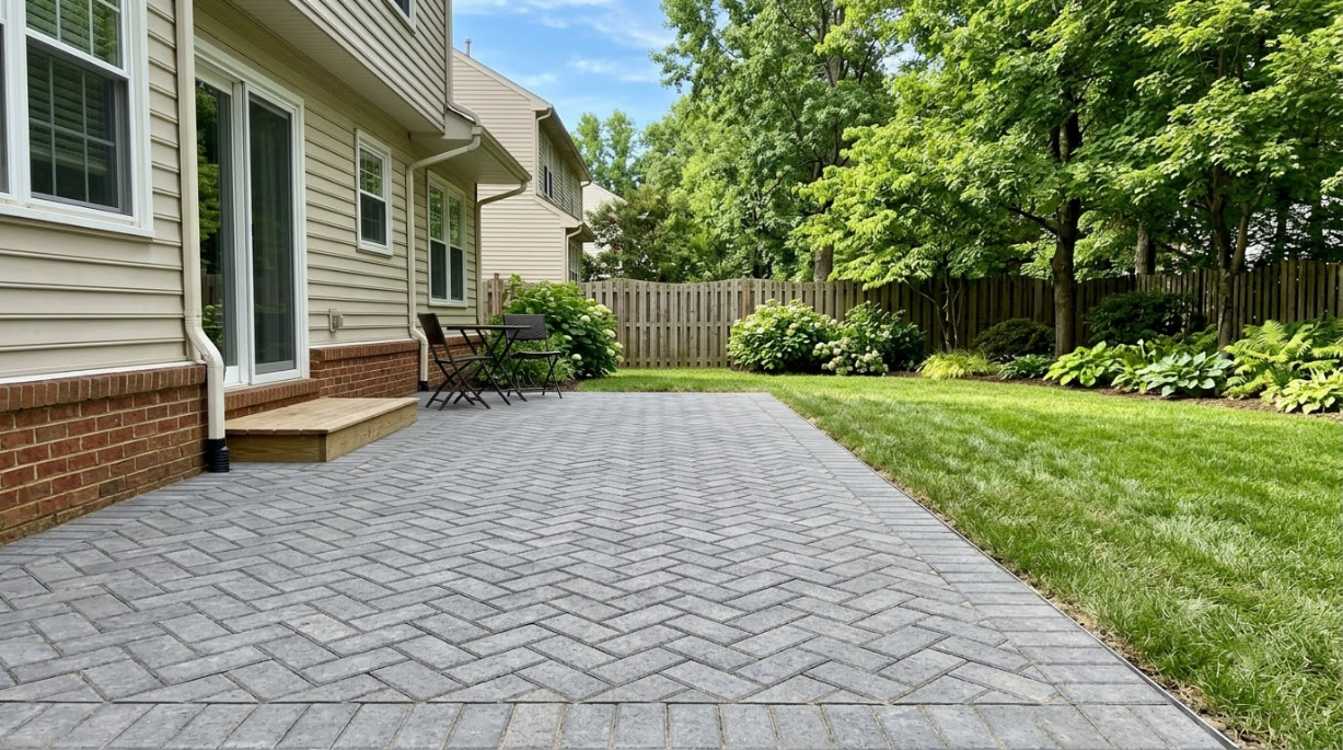 Paver patio beside a house with a green lawn, trees, and a wooden fence