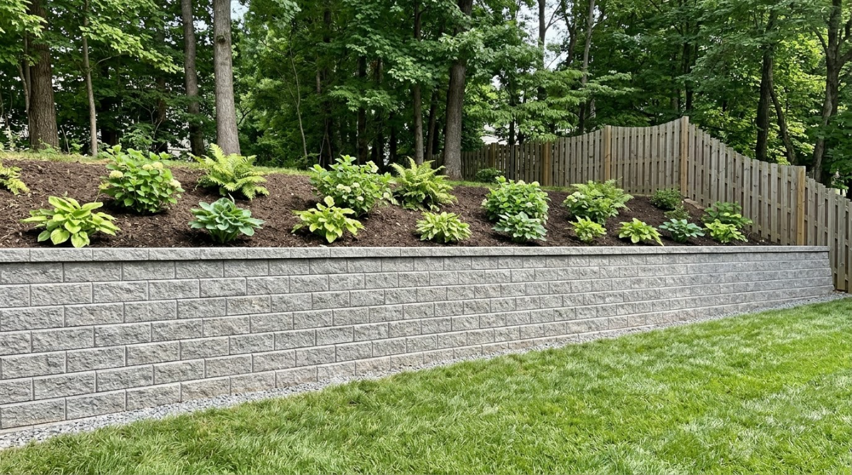 Retaining wall with stone facing, shrubs, and trees beside a grassy yard and wooden fence