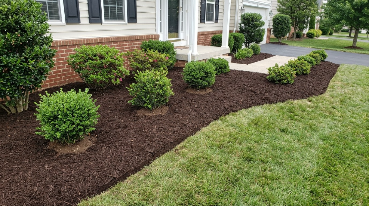 Freshly mulched front yard garden with trimmed shrubs beside a white house and walkway
