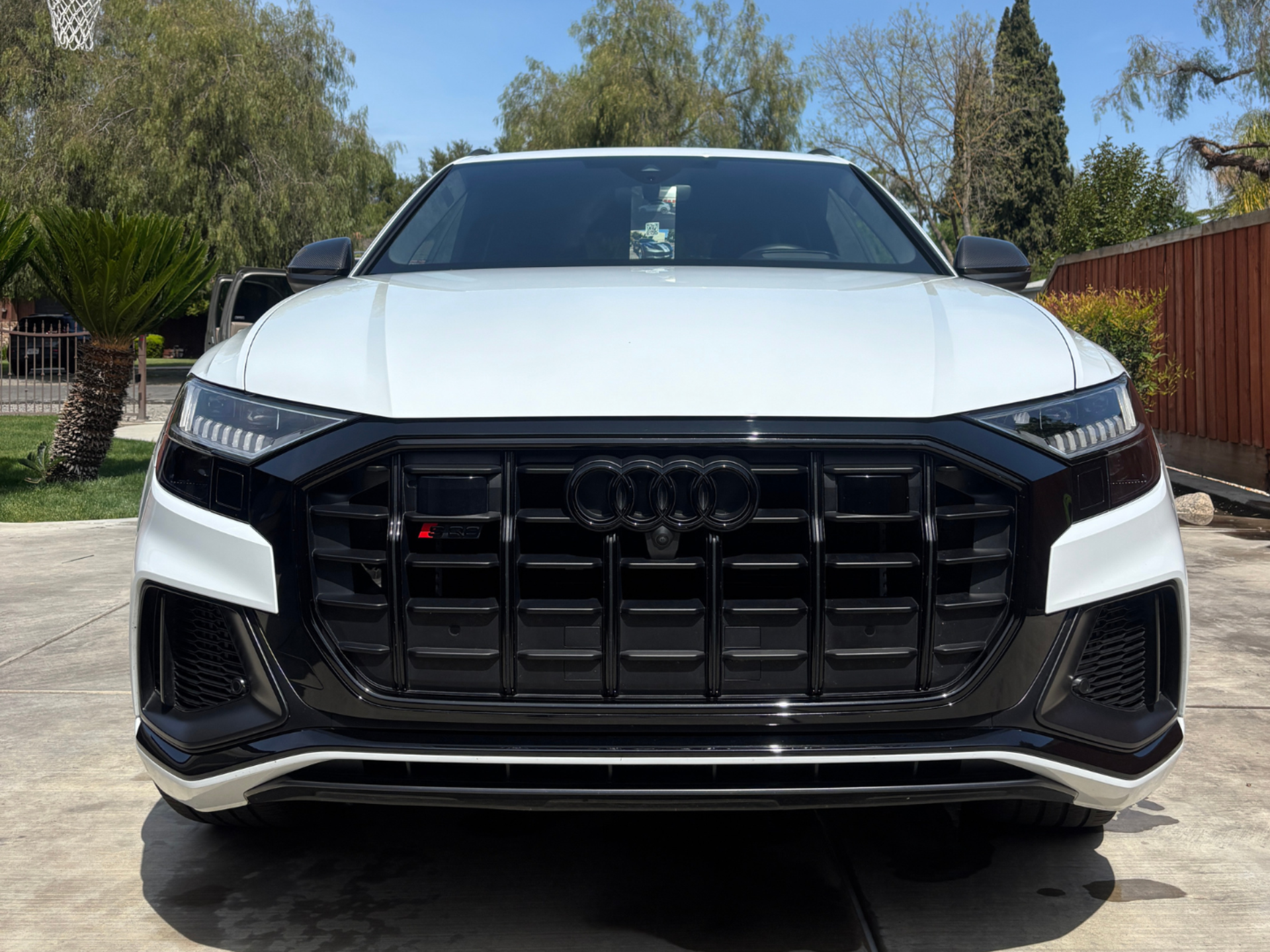 Front view of a white Audi SUV with a black grille parked outdoors under trees.