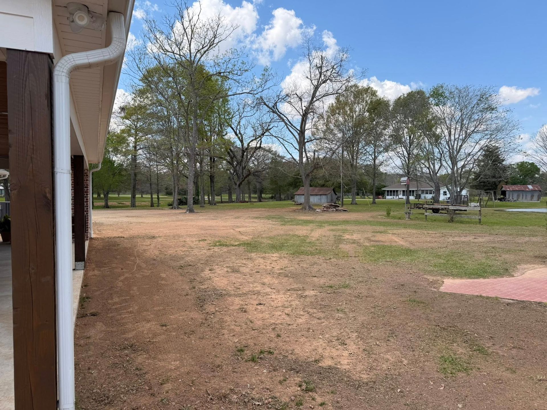 Open grassy park with trees and a building edge on the left under a partly cloudy sky