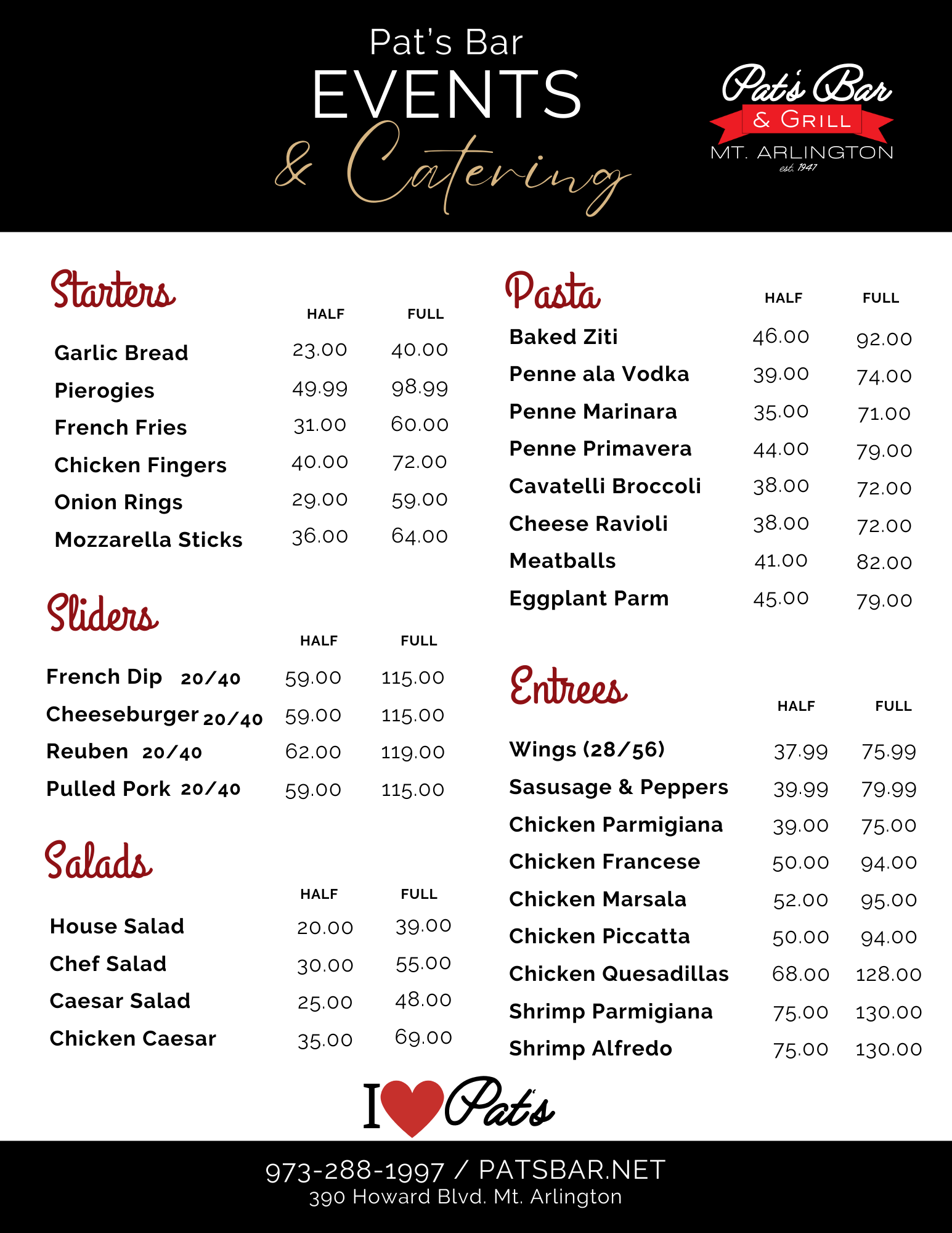 Pat’s Bar & Grill Catering Menu – Custom Menus for Events, Parties & Special Occasions in Lake Hopatcong