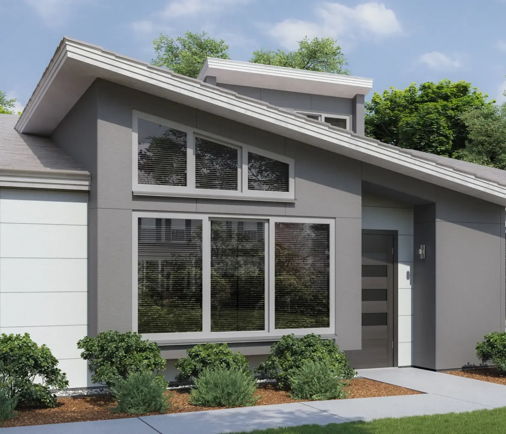 A modern single-story home with a sloped roof, gray exterior, large windows, and a dark front door.